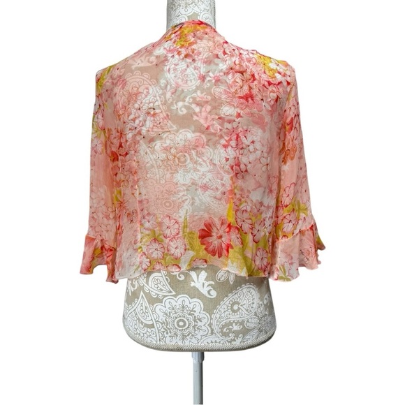 Vintage Y2K Size Small Dainty Silk Chiffon Pink Floral Cardigan Sequin Ruffle - Picture 3 of 6